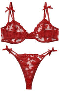 ALOECDYV Sexy Womens Underwire Strappy Embroidered Mesh Sheer Lingerie V Neck Set See Bra 2 Piece (Red XXL)