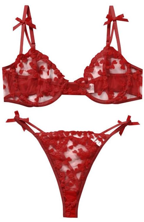 ALOECDYV Sexy Womens Underwire Strappy Embroidered Mesh Sheer Lingerie V Neck Set See Bra 2 Piece (Red XXL)