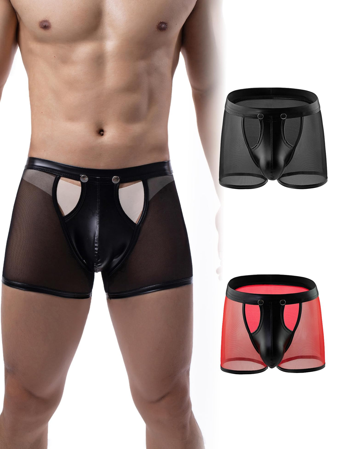comeondear 2pcs Mens Underwear Lingerie Breathable Shorts Pants with Removable Pouch See Through Lace Boxer Briefs Gift Box for Husband Erotic Clubwear