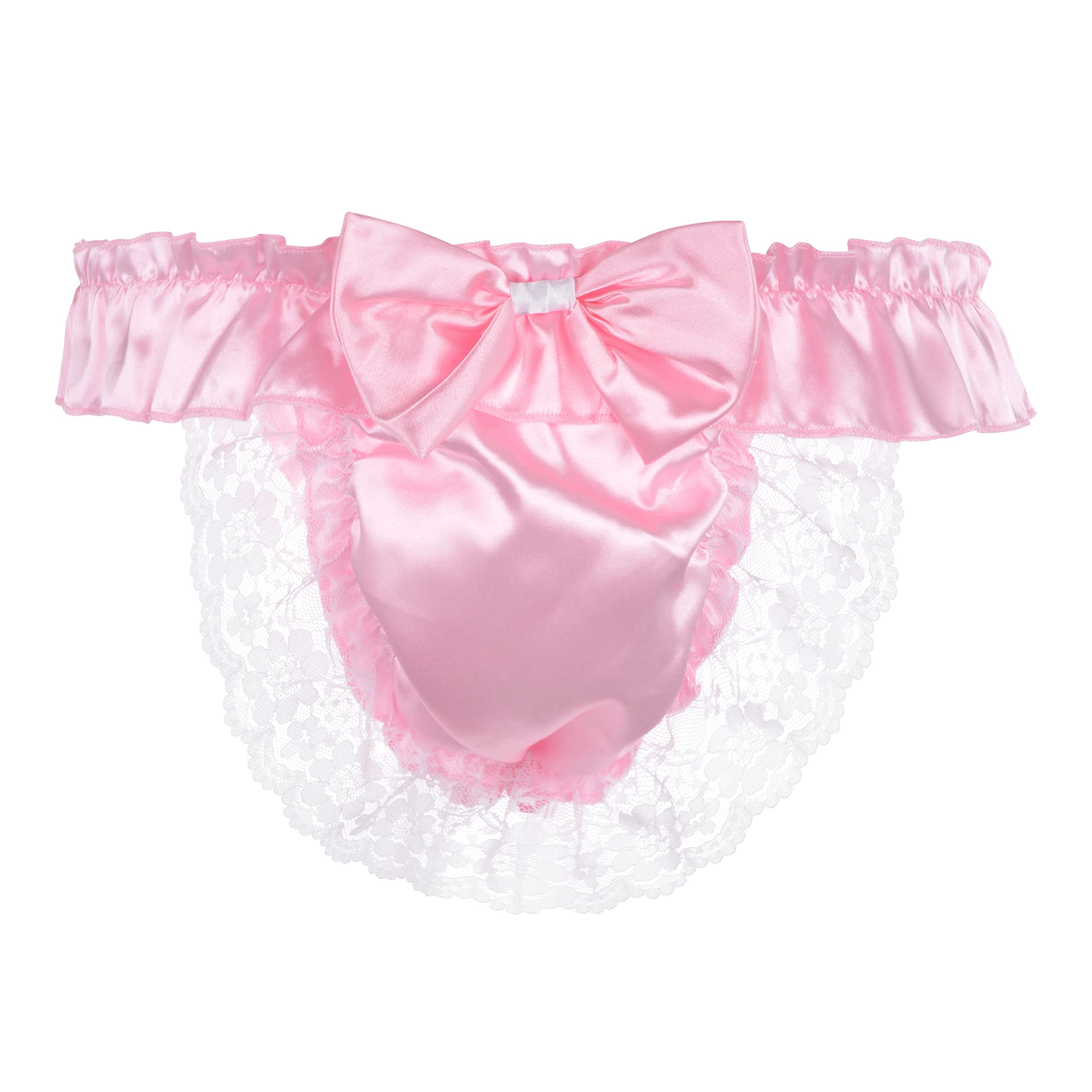 Satini Mens Satin Ruffle Bow Thong Sissy Knickers Briefs Jockstrap Panties (Baby Pink M)