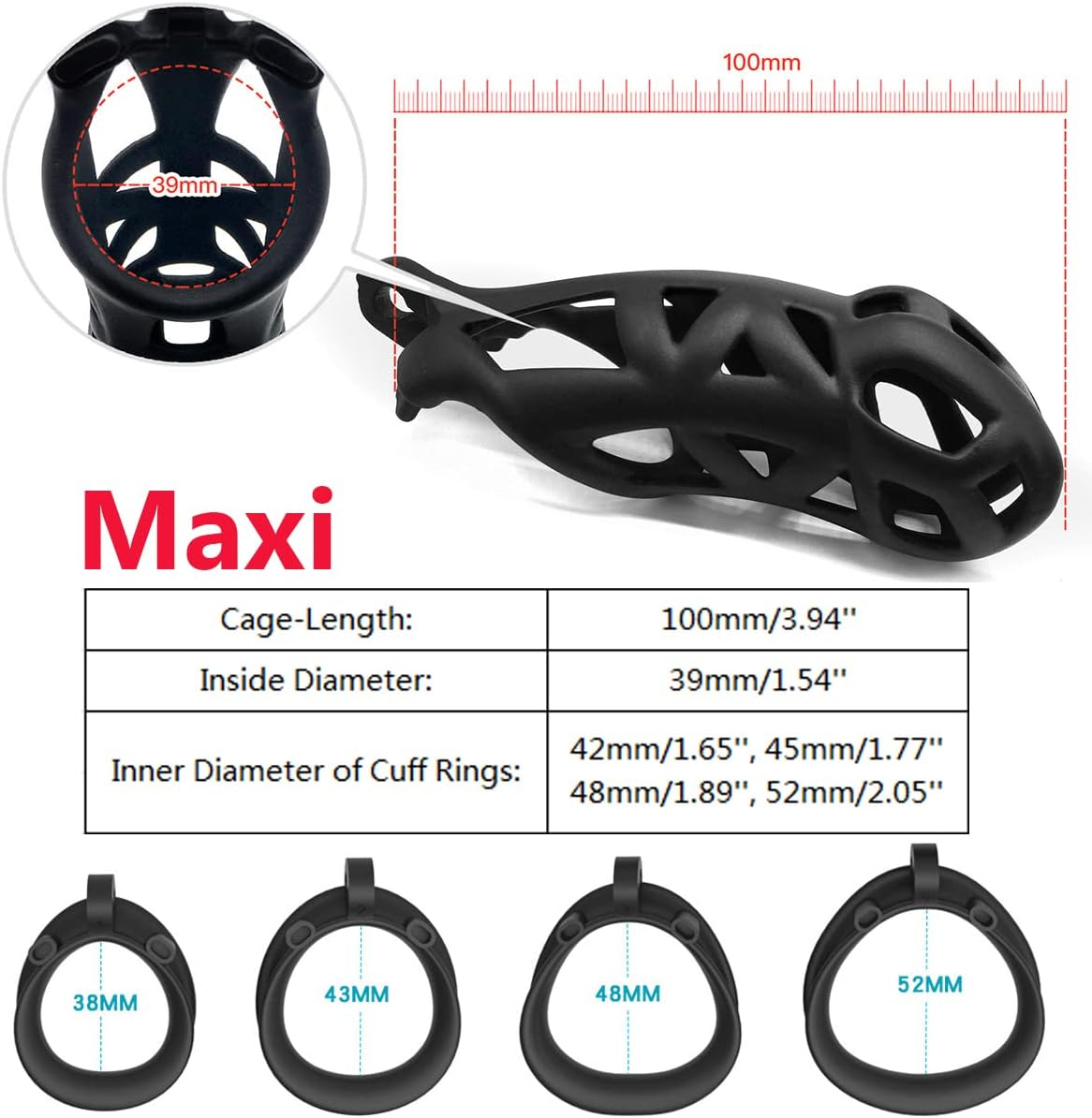 Chastity Cage Lock Device Kit W/ 4 Rings Virginity Device 5 Sizes Curve US