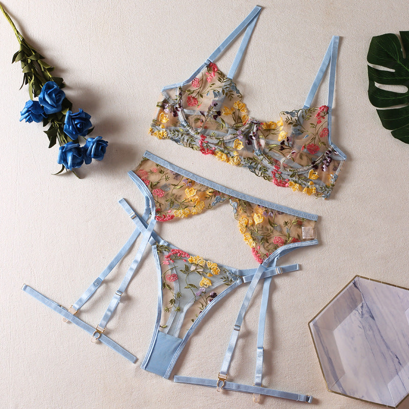 Floral Embroidered 3-Piece Set - Erotic Costume