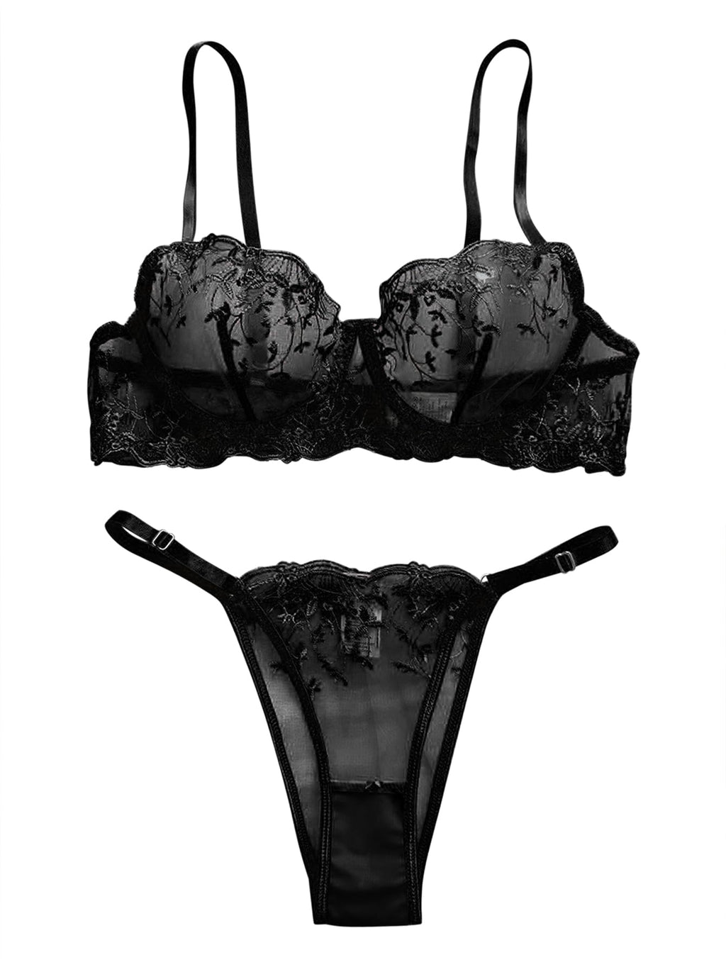 Lilosy Sexy Floral Embroidered Mesh Sheer Women Underwire Push Up Lingerie Set See Through Bra Panty 2 Piece Leaf Black Large