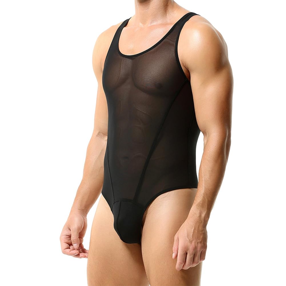 FYMNSI Mens Mesh Leotard Underwear Sexy Fishnet Fitted One Piece Sleeveless Romper Jockstrap Wrestling Singlet Bodysuit Jumpsuit Thongs Muscle Tops Undershirt Pajamas Sleepwear Nightwear Black M