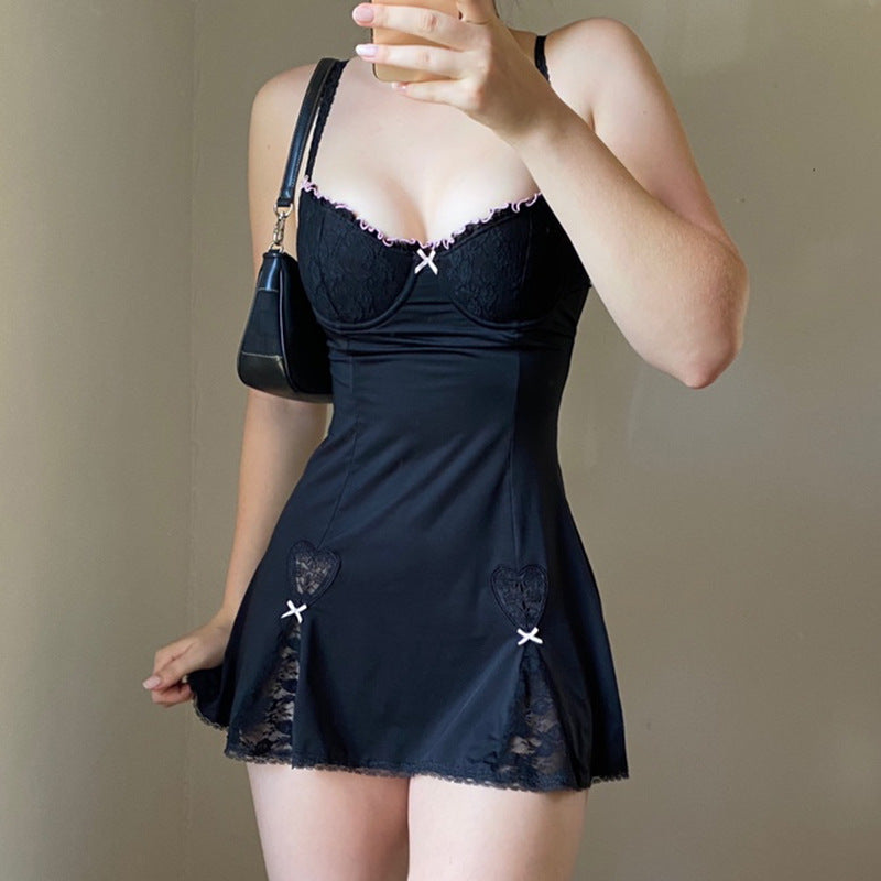 Mature Feminine Lace Bowknot Suspender Skirt Dress