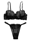 Lilosy Sexy Floral Embroidered Mesh Sheer Women Underwire Push Up Lingerie Set See Through Bra Panty 2 Piece Leaf Black Large