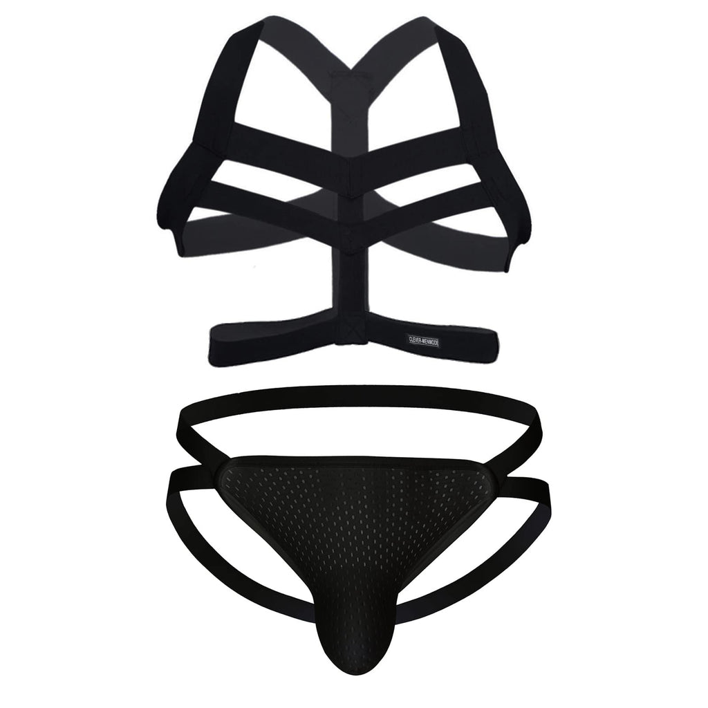 SDGTMJSY MenS Underwear Bikini Panties Men Sexy Elastic Body Chest Harness Jockstrap Lingerie Set Shoulder Chest Belt Black