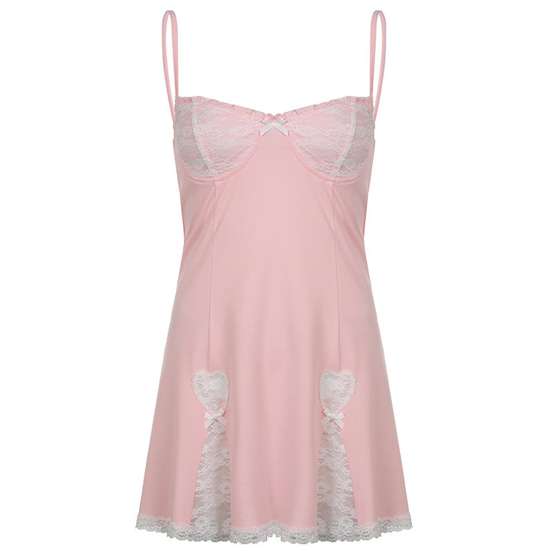 Mature Feminine Lace Bowknot Suspender Skirt Dress