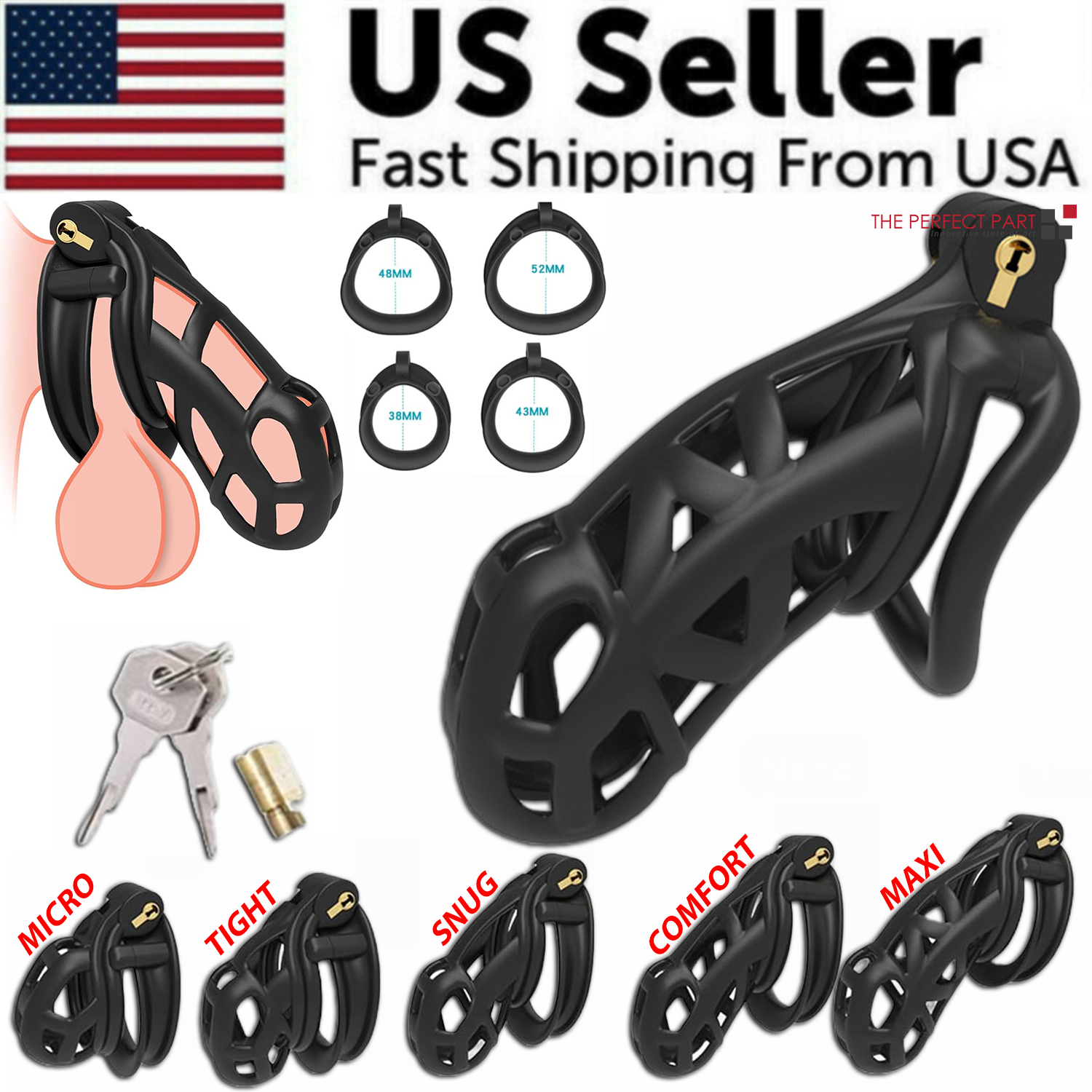 Chastity Cage Lock Device Kit W/ 4 Rings Virginity Device 5 Sizes Curve US