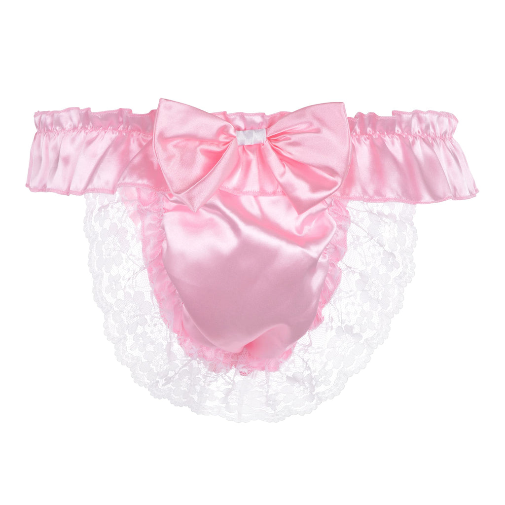 Satini Mens Satin Ruffle Bow Thong Sissy Knickers Briefs Jockstrap Panties (Baby Pink M)
