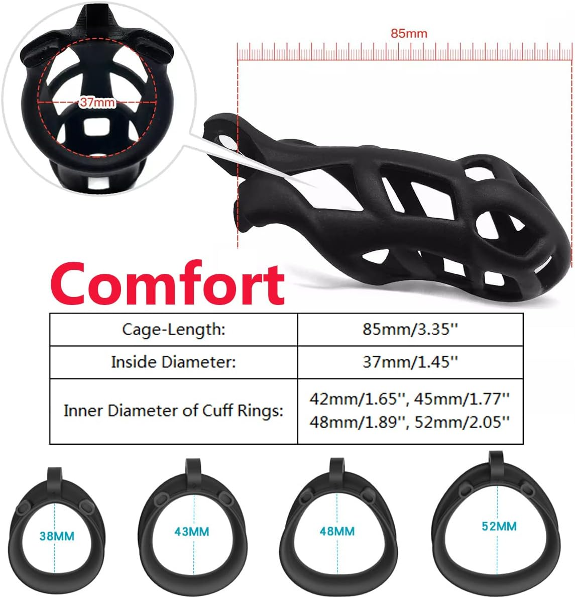 Chastity Cage Lock Device Kit W/ 4 Rings Virginity Device 5 Sizes Curve US